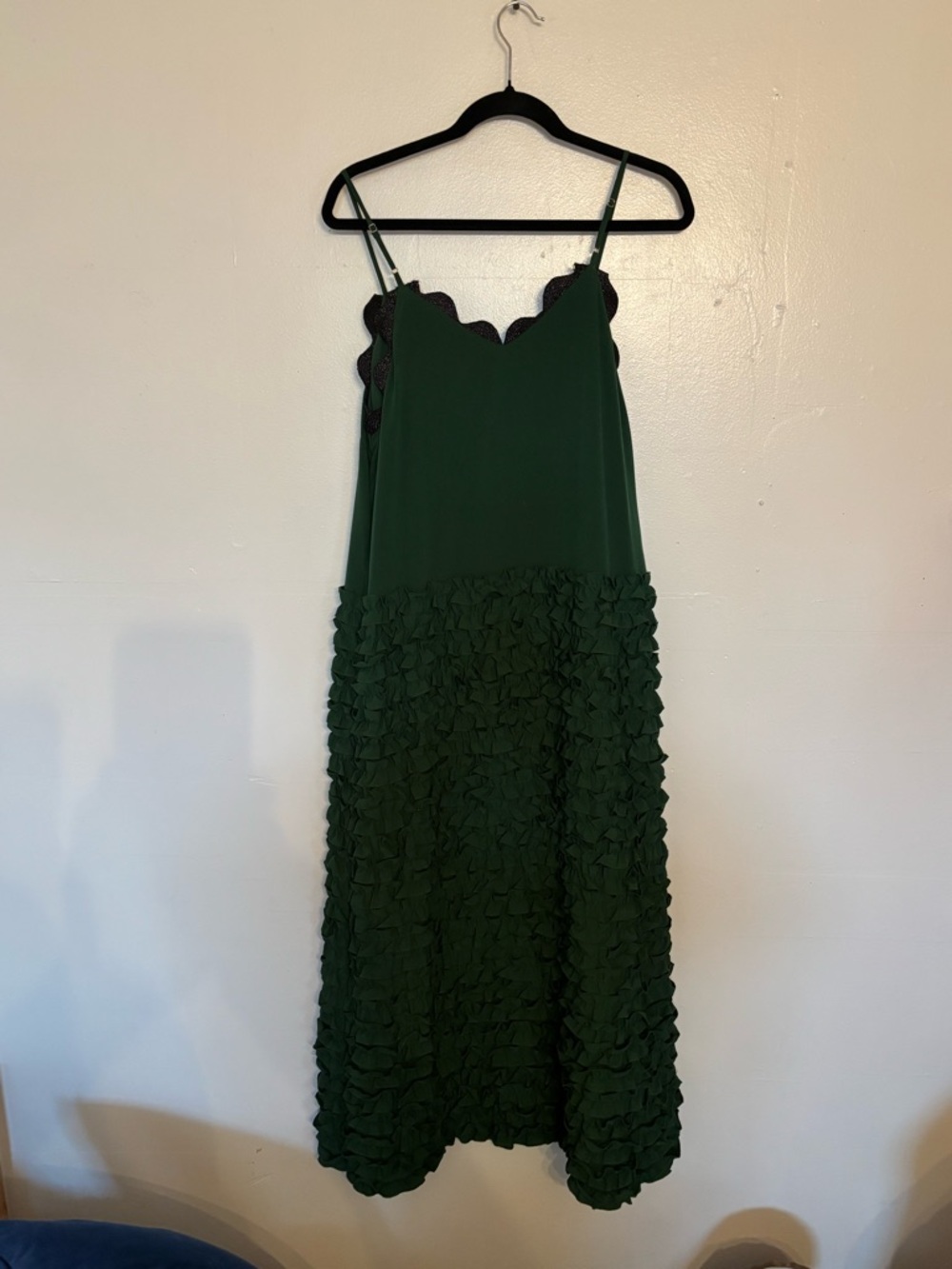 Cynthia Rowley Forest Green Ruffle-Hem Maxi Slip Dress